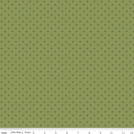 Image of Sunshine & Dandelions Dots Green quilting cotton fabric by Traci Reed for Riley Blake Designs. Features polka dots on a green background. Cute Little Fabric Shop.