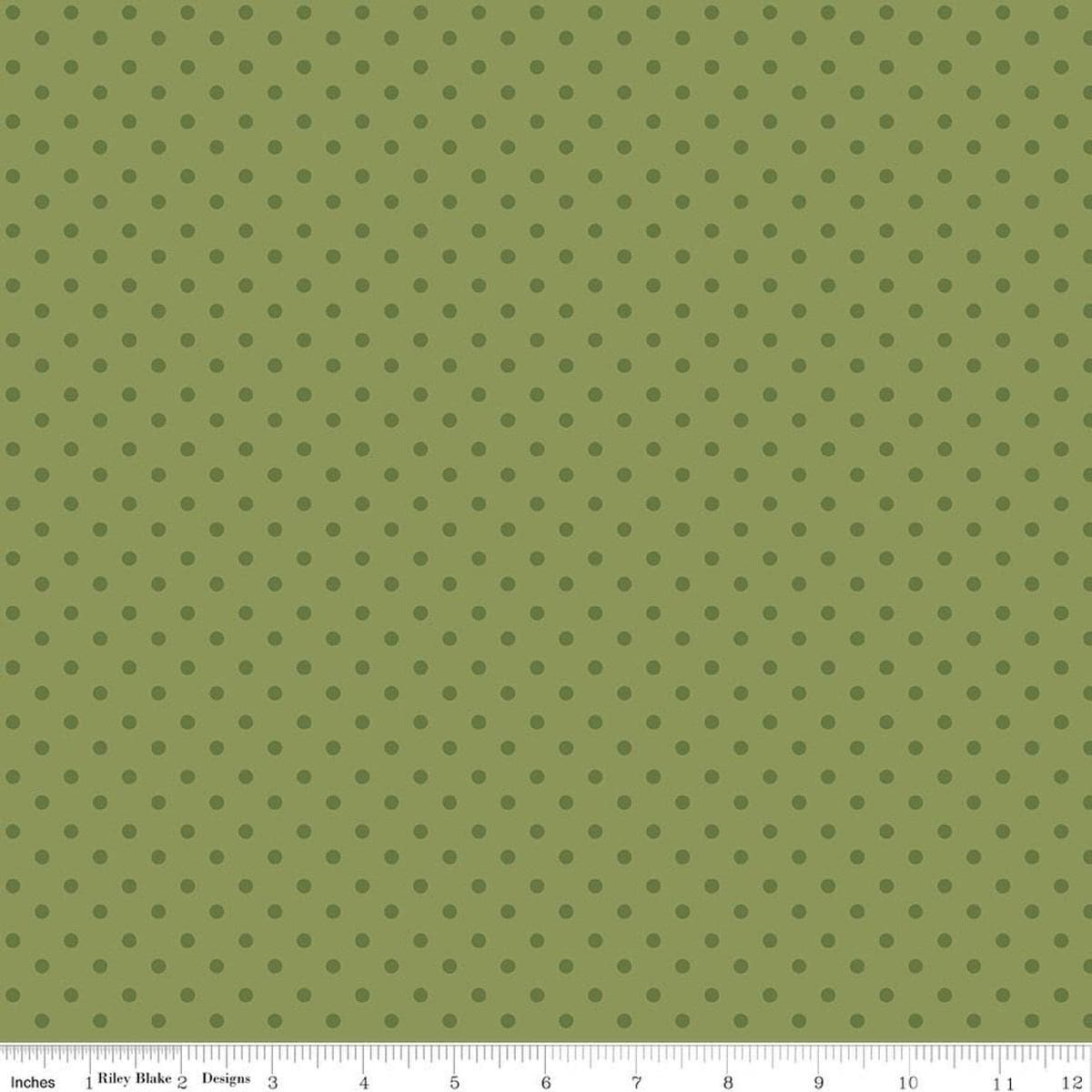 Image of Sunshine & Dandelions Dots Green quilting cotton fabric by Traci Reed for Riley Blake Designs. Features polka dots on a green background. Cute Little Fabric Shop.
