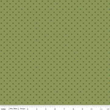 Image of Sunshine & Dandelions Dots Green quilting cotton fabric by Traci Reed for Riley Blake Designs. Features polka dots on a green background. Cute Little Fabric Shop.