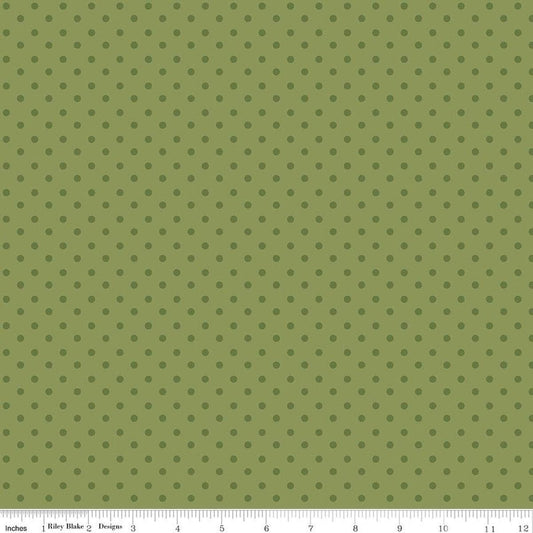 Image of Sunshine & Dandelions Dots Green quilting cotton fabric by Traci Reed for Riley Blake Designs. Features polka dots on a green background. Cute Little Fabric Shop.