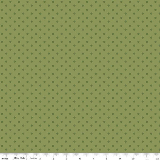 Image of Sunshine & Dandelions Dots Green quilting cotton fabric by Traci Reed for Riley Blake Designs. Features polka dots on a green background. Cute Little Fabric Shop.