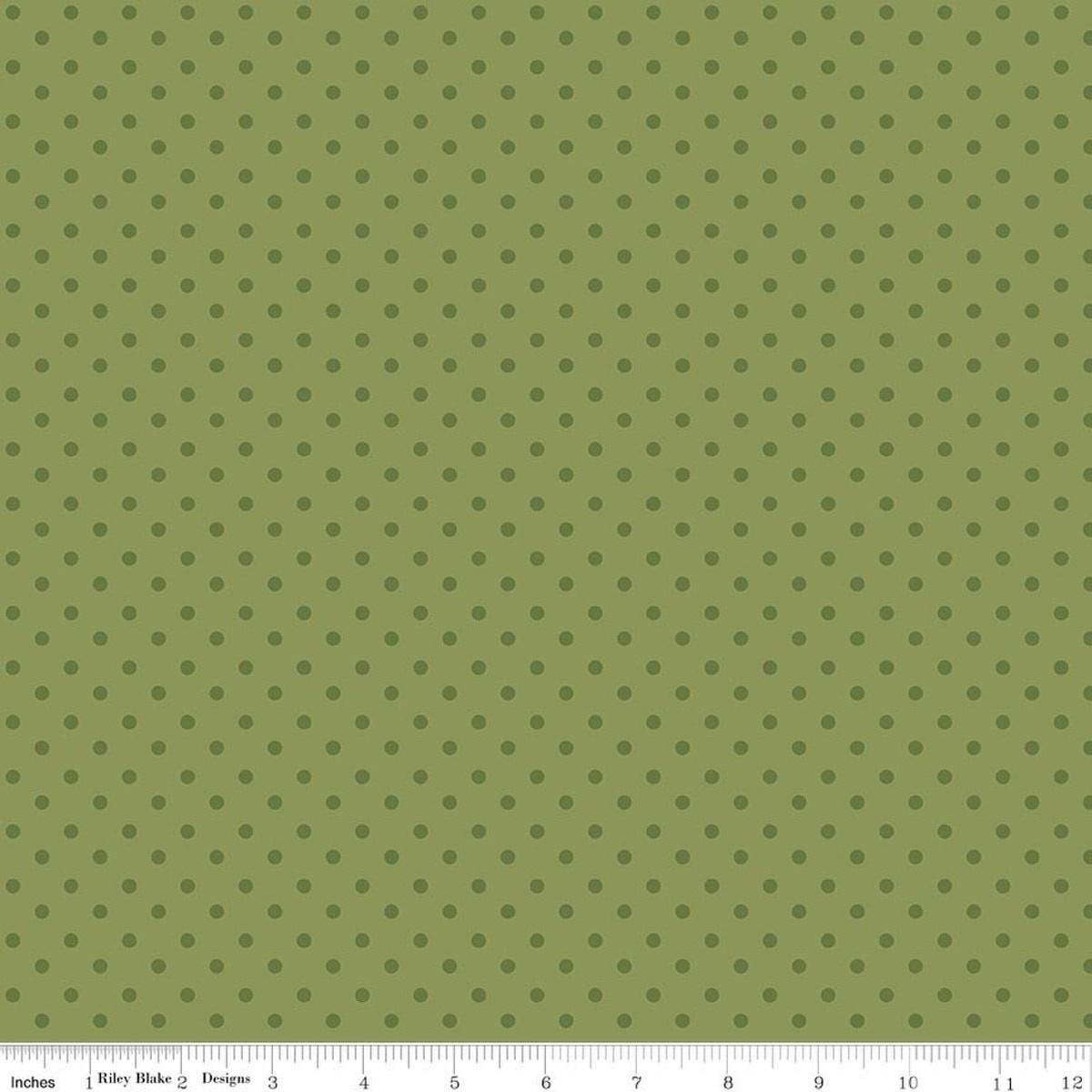 Image of Sunshine & Dandelions Dots Green quilting cotton fabric by Traci Reed for Riley Blake Designs. Features polka dots on a green background. Cute Little Fabric Shop.