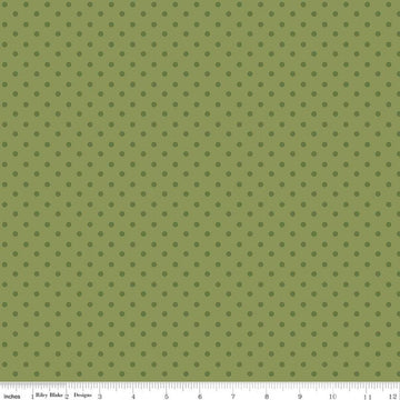 Image of Sunshine & Dandelions Dots Green quilting cotton fabric by Traci Reed for Riley Blake Designs. Features polka dots on a green background. Cute Little Fabric Shop.