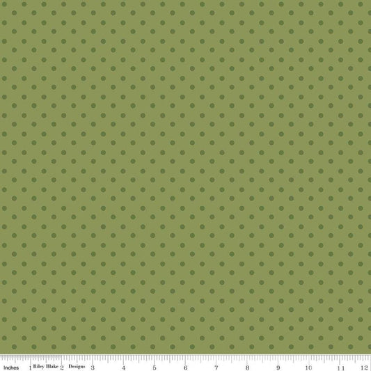 Image of Sunshine & Dandelions Dots Green quilting cotton fabric by Traci Reed for Riley Blake Designs. Features polka dots on a green background. Cute Little Fabric Shop.