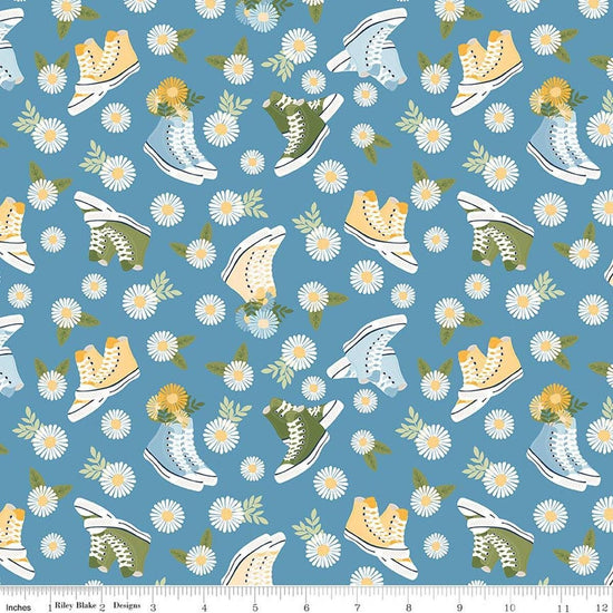 Image of Sunshine & Dandelions Shoes Blue quilting cotton fabric by Traci Reed for Riley Blake Designs. Features flowers and shoes on a blue background. Cute Little Fabric Shop.
