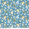 Image of Sunshine & Dandelions Shoes Blue quilting cotton fabric by Traci Reed for Riley Blake Designs. Features flowers and shoes on a blue background. Cute Little Fabric Shop.