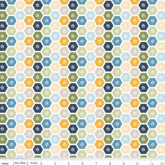 Image of Sunshine & Dandelions Hexies Multi quilting cotton fabric by Traci Reed for Riley Blake Designs. Features a geometric pattern on a blue, yellow, and green background. Cute Little Fabric Shop.