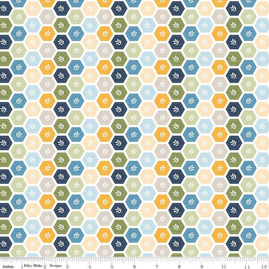 Image of Sunshine & Dandelions Hexies Multi quilting cotton fabric by Traci Reed for Riley Blake Designs. Features a geometric pattern on a blue, yellow, and green background. Cute Little Fabric Shop.