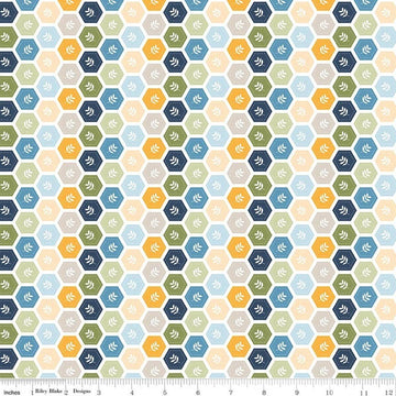 Image of Sunshine & Dandelions Hexies Multi quilting cotton fabric by Traci Reed for Riley Blake Designs. Features a geometric pattern on a blue, yellow, and green background. Cute Little Fabric Shop.