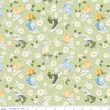 Image of Sunshine & Dandelions Shoes Honeydew quilting cotton fabric by Traci Reed for Riley Blake Designs. Features flowers and shoes on a green background. Cute Little Fabric Shop.