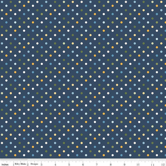 Image of Sunshine & Dandelions Dots Navy quilting cotton fabric by Traci Reed for Riley Blake Designs. Features polka dots on a blue background. Cute Little Fabric Shop.