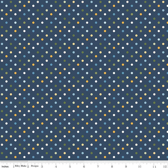 Image of Sunshine & Dandelions Dots Navy quilting cotton fabric by Traci Reed for Riley Blake Designs. Features polka dots on a blue background. Cute Little Fabric Shop.