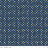Image of Sunshine & Dandelions Dots Navy quilting cotton fabric by Traci Reed for Riley Blake Designs. Features polka dots on a blue background. Cute Little Fabric Shop.