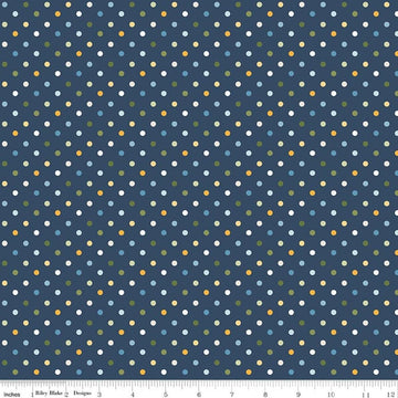 Image of Sunshine & Dandelions Dots Navy quilting cotton fabric by Traci Reed for Riley Blake Designs. Features polka dots on a blue background. Cute Little Fabric Shop.