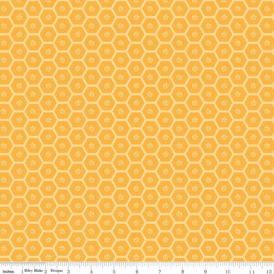 Image of Sunshine & Dandelions Hexies Daisy quilting cotton fabric by Traci Reed for Riley Blake Designs. Features a geometric pattern on a yellow background. Cute Little Fabric Shop.