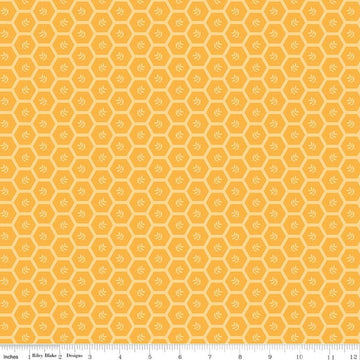 Image of Sunshine & Dandelions Hexies Daisy quilting cotton fabric by Traci Reed for Riley Blake Designs. Features a geometric pattern on a yellow background. Cute Little Fabric Shop.