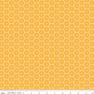 Image of Sunshine & Dandelions Hexies Daisy quilting cotton fabric by Traci Reed for Riley Blake Designs. Features a geometric pattern on a yellow background. Cute Little Fabric Shop.