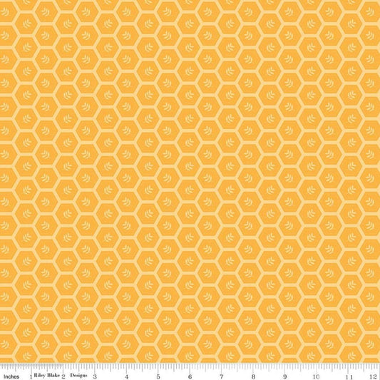 Image of Sunshine & Dandelions Hexies Daisy quilting cotton fabric by Traci Reed for Riley Blake Designs. Features a geometric pattern on a yellow background. Cute Little Fabric Shop.