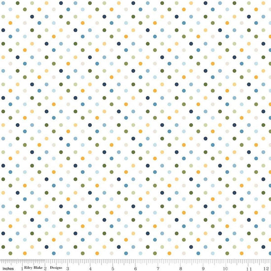 Image of Sunshine & Dandelions Dots Cloud quilting cotton fabric by Traci Reed for Riley Blake Designs. Features polka dots on a white background. Cute Little Fabric Shop.