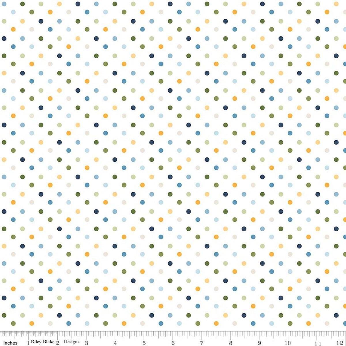 Image of Sunshine & Dandelions Dots Cloud quilting cotton fabric by Traci Reed for Riley Blake Designs. Features polka dots on a white background. Cute Little Fabric Shop.