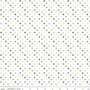 Image of Sunshine & Dandelions Dots Cloud quilting cotton fabric by Traci Reed for Riley Blake Designs. Features polka dots on a white background. Cute Little Fabric Shop.