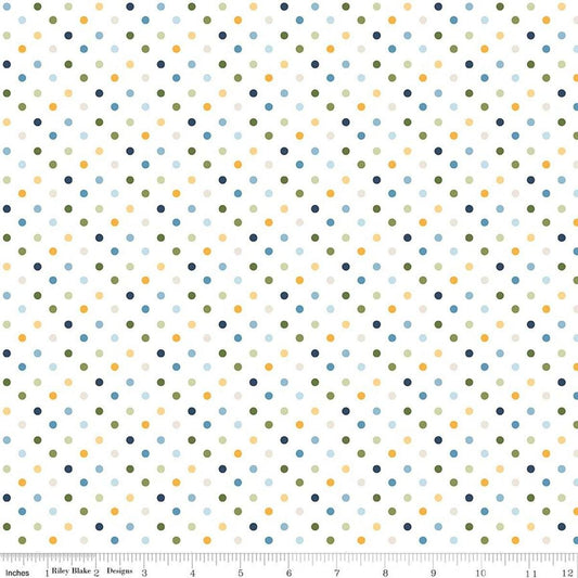 Image of Sunshine & Dandelions Dots Cloud quilting cotton fabric by Traci Reed for Riley Blake Designs. Features polka dots on a white background. Cute Little Fabric Shop.