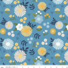 Image of Sunshine & Dandelions Main Blue quilting cotton fabric by Traci Reed for Riley Blake Designs. Features flowers on a blue background. Cute Little Fabric Shop.
