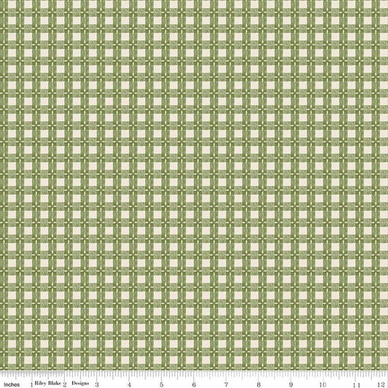 Image of Baked With Love Tablecloth Olive quilting cotton fabric by Lori Holt for Riley Blake Designs. Features gingham on a green background. Cute Little Fabric Shop.