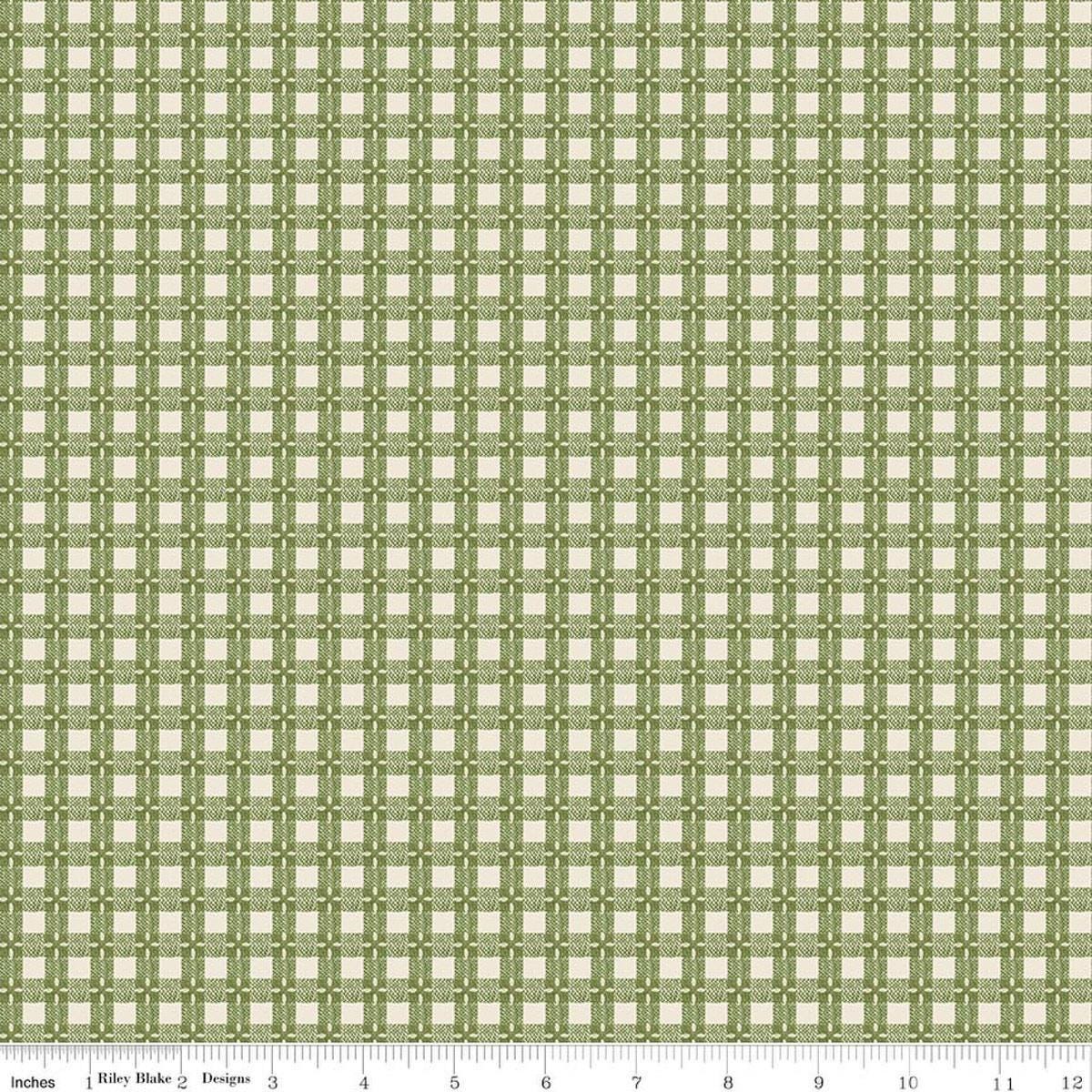 Image of Baked With Love Tablecloth Olive quilting cotton fabric by Lori Holt for Riley Blake Designs. Features gingham on a green background. Cute Little Fabric Shop.