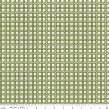 Image of Baked With Love Tablecloth Olive quilting cotton fabric by Lori Holt for Riley Blake Designs. Features gingham on a green background. Cute Little Fabric Shop.