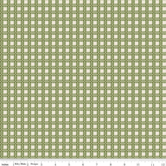 Image of Baked With Love Tablecloth Olive quilting cotton fabric by Lori Holt for Riley Blake Designs. Features gingham on a green background. Cute Little Fabric Shop.