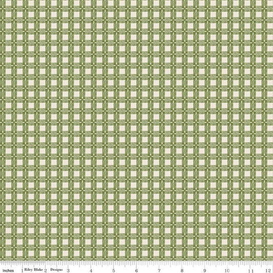 Image of Baked With Love Tablecloth Olive quilting cotton fabric by Lori Holt for Riley Blake Designs. Features gingham on a green background. Cute Little Fabric Shop.