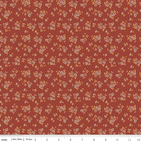 Image of Baked With Love Blessings Terracotta quilting cotton fabric by Lori Holt for Riley Blake Designs. Features flowers on a red background. Cute Little Fabric Shop.