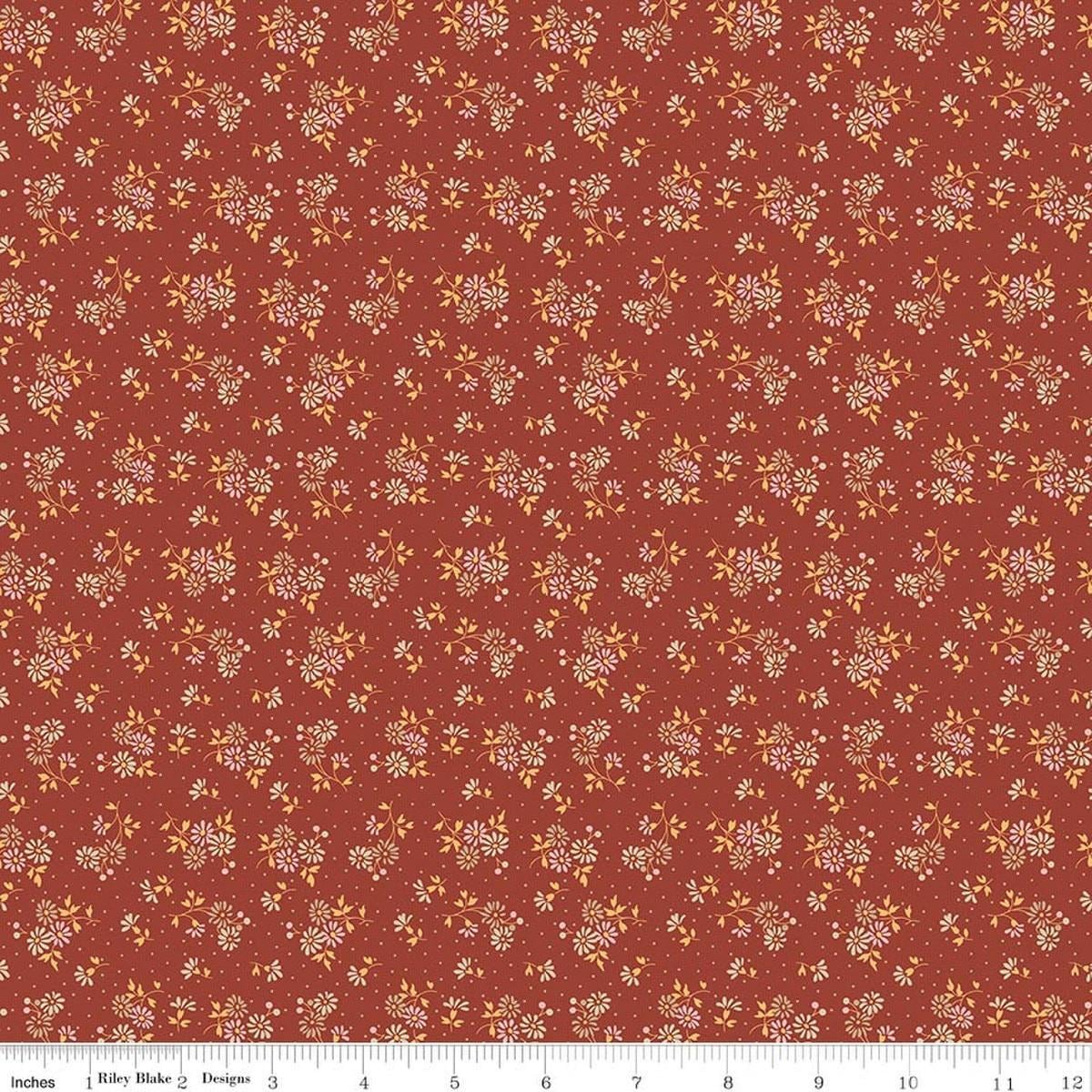 Image of Baked With Love Blessings Terracotta quilting cotton fabric by Lori Holt for Riley Blake Designs. Features flowers on a red background. Cute Little Fabric Shop.