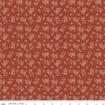 Image of Baked With Love Blessings Terracotta quilting cotton fabric by Lori Holt for Riley Blake Designs. Features flowers on a red background. Cute Little Fabric Shop.