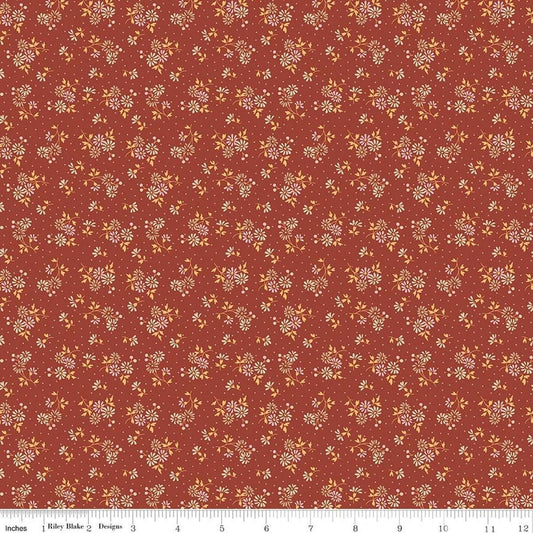 Image of Baked With Love Blessings Terracotta quilting cotton fabric by Lori Holt for Riley Blake Designs. Features flowers on a red background. Cute Little Fabric Shop.