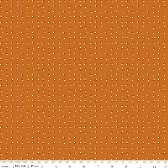 Image of Baked With Love Memories Amber quilting cotton fabric by Lori Holt for Riley Blake Designs. Features acorns on an orange background. Cute Little Fabric Shop.