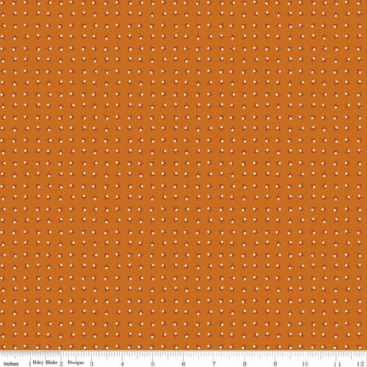Image of Baked With Love Memories Amber quilting cotton fabric by Lori Holt for Riley Blake Designs. Features acorns on an orange background. Cute Little Fabric Shop.