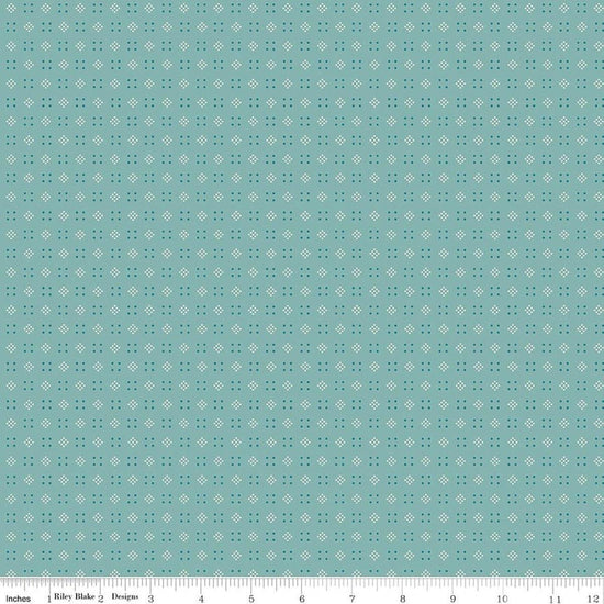 Image of Baked With Love Leftovers Wedgewood quilting cotton fabric by Lori Holt for Riley Blake Designs. Features dots on a blue background. Cute Little Fabric Shop.