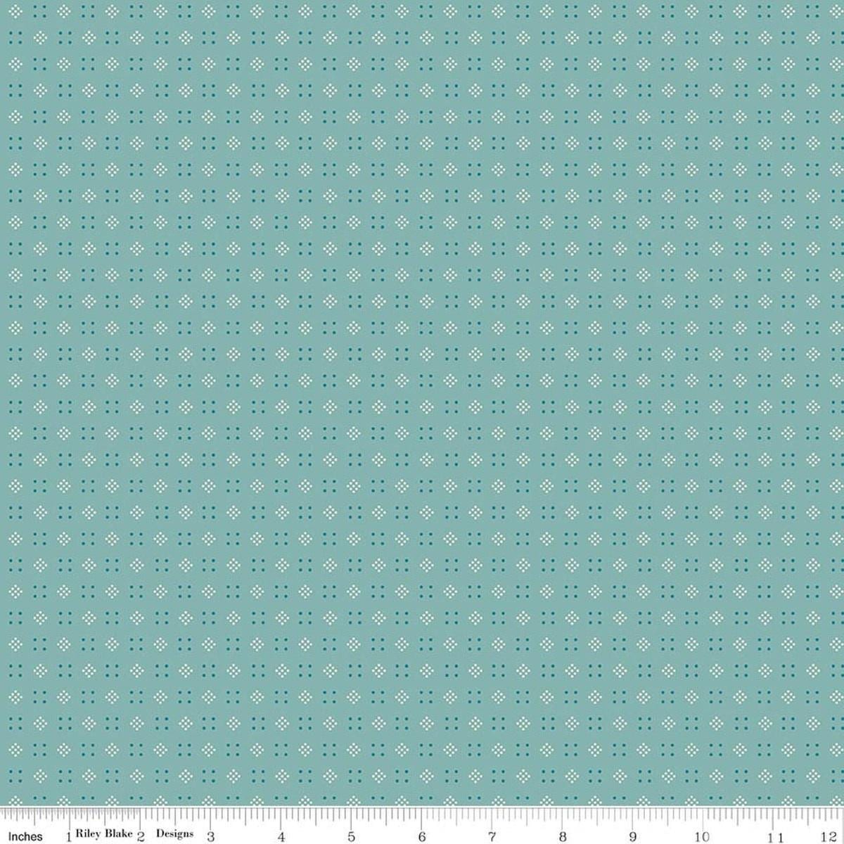 Image of Baked With Love Leftovers Wedgewood quilting cotton fabric by Lori Holt for Riley Blake Designs. Features dots on a blue background. Cute Little Fabric Shop.