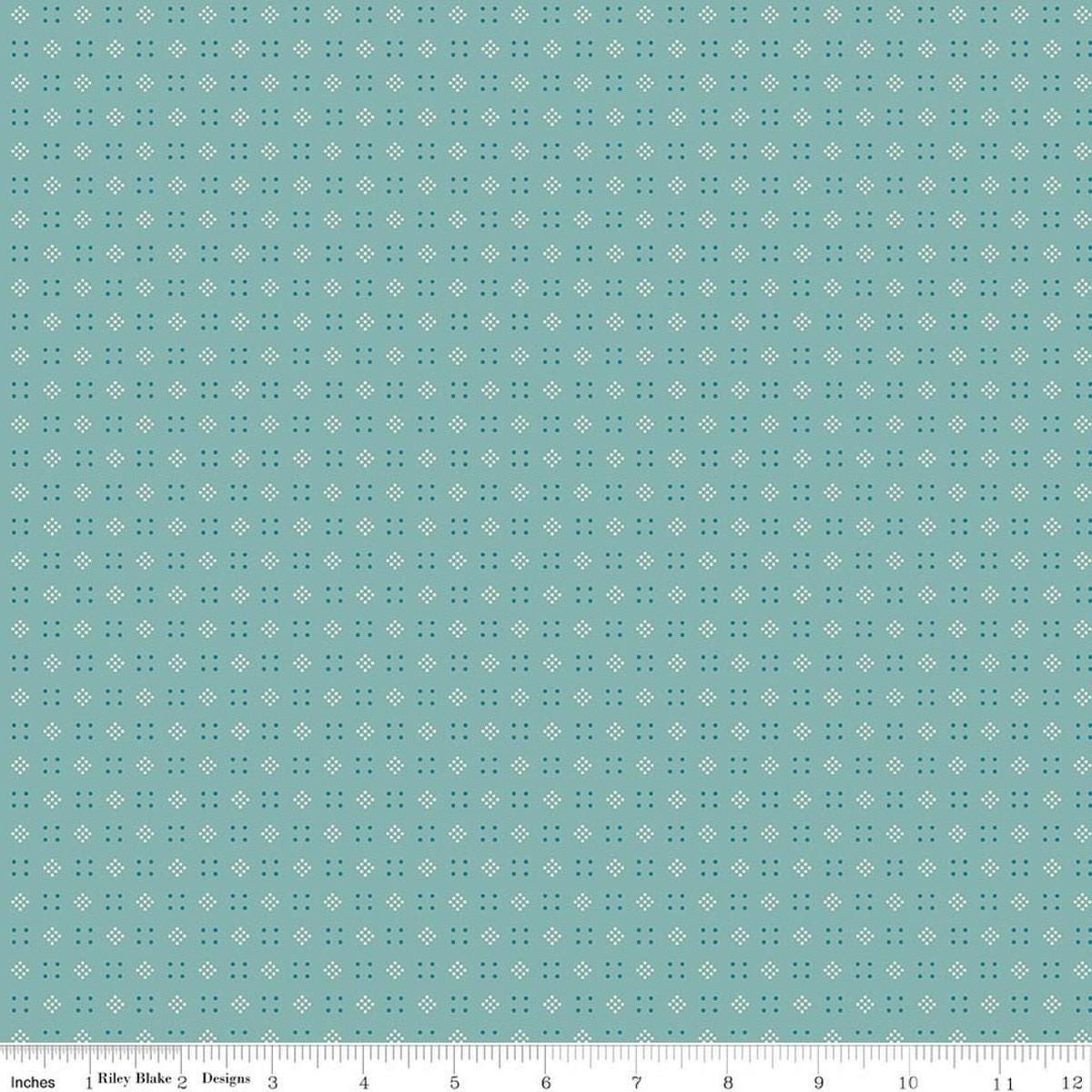Image of Baked With Love Leftovers Wedgewood quilting cotton fabric by Lori Holt for Riley Blake Designs. Features dots on a blue background. Cute Little Fabric Shop.