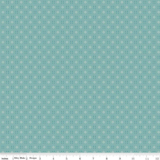 Image of Baked With Love Leftovers Wedgewood quilting cotton fabric by Lori Holt for Riley Blake Designs. Features dots on a blue background. Cute Little Fabric Shop.