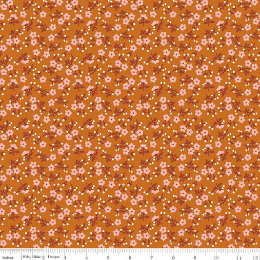 Image of Baked With Love Grateful Amber quilting cotton fabric by Lori Holt for Riley Blake Designs. Features flowers on an orange background. Cute Little Fabric Shop.