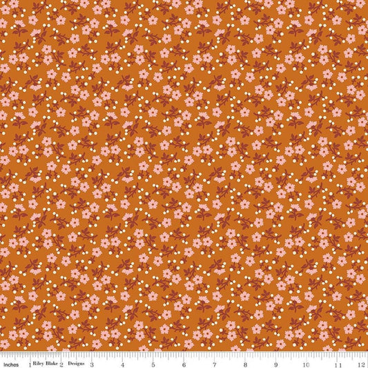 Image of Baked With Love Grateful Amber quilting cotton fabric by Lori Holt for Riley Blake Designs. Features flowers on an orange background. Cute Little Fabric Shop.
