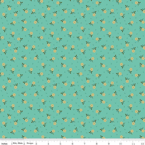 Image of Baked With Love Thankful Sea Glass quilting cotton fabric by Lori Holt for Riley Blake Designs. Features flowers on a blue background. Cute Little Fabric Shop.