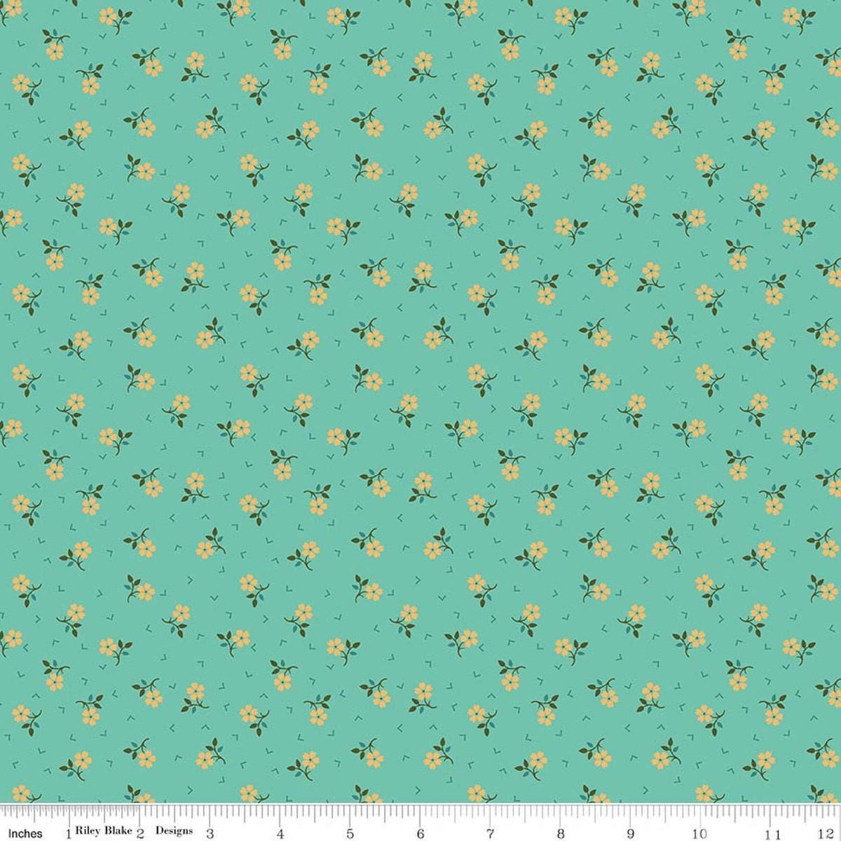 Image of Baked With Love Thankful Sea Glass quilting cotton fabric by Lori Holt for Riley Blake Designs. Features flowers on a blue background. Cute Little Fabric Shop.
