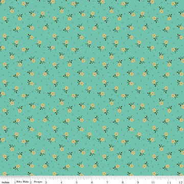 Image of Baked With Love Thankful Sea Glass quilting cotton fabric by Lori Holt for Riley Blake Designs. Features flowers on a blue background. Cute Little Fabric Shop.