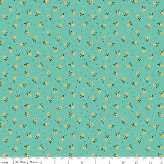 Image of Baked With Love Thankful Sea Glass quilting cotton fabric by Lori Holt for Riley Blake Designs. Features flowers on a blue background. Cute Little Fabric Shop.