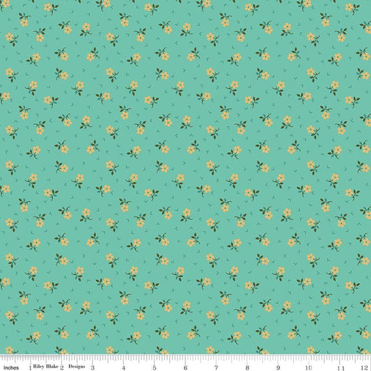 Image of Baked With Love Thankful Sea Glass quilting cotton fabric by Lori Holt for Riley Blake Designs. Features flowers on a blue background. Cute Little Fabric Shop.