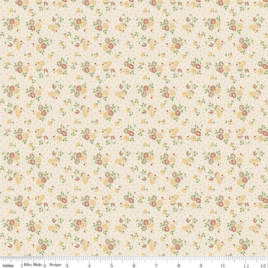 Image of Baked With Love Blessings Autumn quilting cotton fabric by Lori Holt for Riley Blake Designs. Features flowers on a cream background. Cute Little Fabric Shop.